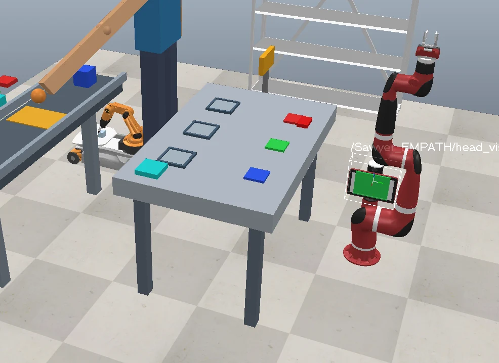 Sawyer robot in CoppeliaSim with a green decision-display panel attached to its head