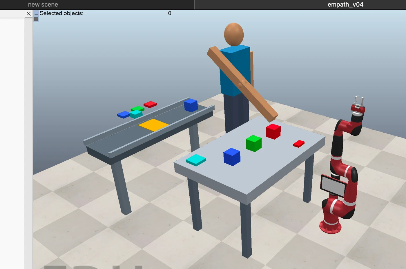 CoppeliaSim workcell with human avatar, RGB blocks, conveyor, Sawyer robot and mobile courier